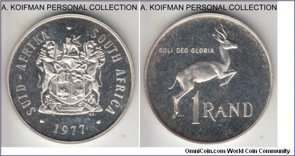 KM-88, 1977 South Africa rand; proof, silver, reeded edge; lightly toned fields accentuate cameo like Springbok and coat of arms, mintage 19,000.