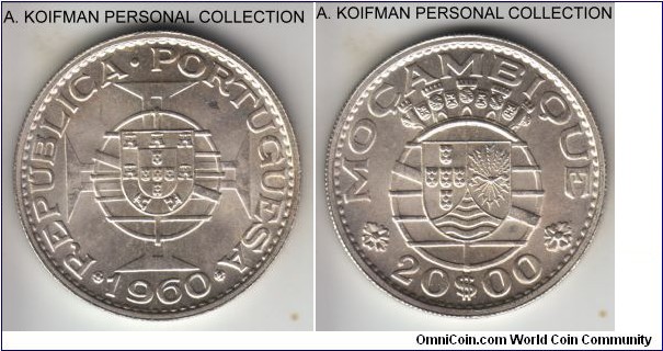 KM-80, 1960 Portuguese Mozambique (Colony) 20 escudos; silver, reeded edge; last year of the three year type and silver mintage, good bright white uncirculated specimen.