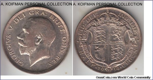 KM-818.1, 1914 Great Britain half crown; silver, reeded edge; decently struck about uncirculated with lots of remaining luster.