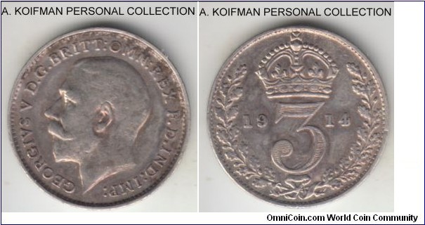 KM-813, 1914 Great Britain 3 pence; silver, plain edge; good very fine to extra fine.
