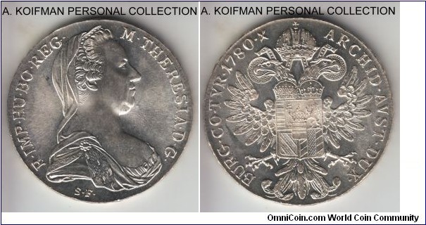 KM-T1, 1780 Austria (Empire) thaler; silver, lettered edge; uncirculated restrike, nice lustrous coin.