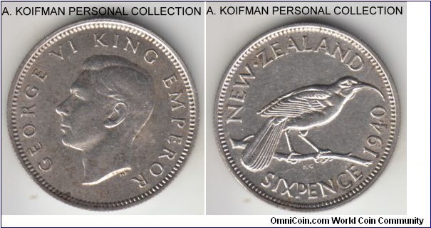 KM-8, 1940 New Zealand 6 pence; silver, reeded edge; extra fine but likely cleaned in the past.