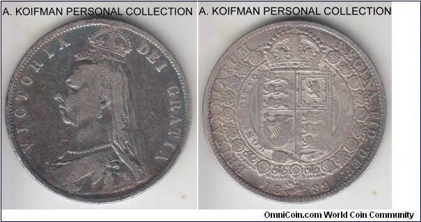 KM-764, 1889 Great Britain 1/2 crown; silver reeded edge; good fine, cleaned.