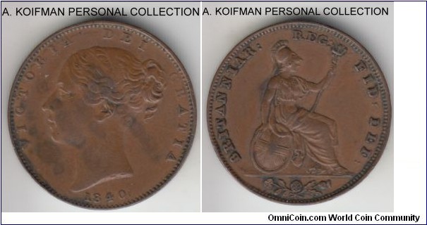 KM-725, 1840 Great Britain farthing; copper, plain edge; good very fine to extra fine, few stains, this is a wide date variety obverse and Aa reverse variety by aboutfarthings.co.uk classification.