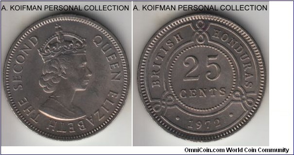 KM-29, 1972 British Honduras 25 cents; copper-nickel, reeded edge; bright uncirculated, rather large mintage of 200,000.