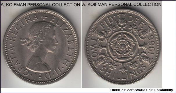 KM-906, 1966 Great Britain florin; copper-nickel, reeded edge; average uncirculated.