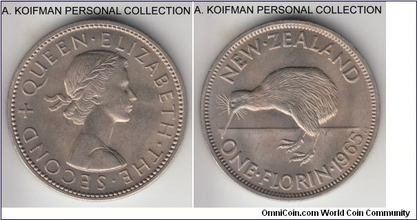 KM-28.2, 1965 New Zealand florin; copper-nickel, reeded edge; common, but nice choice uncirculayed, last year of pound mintage.