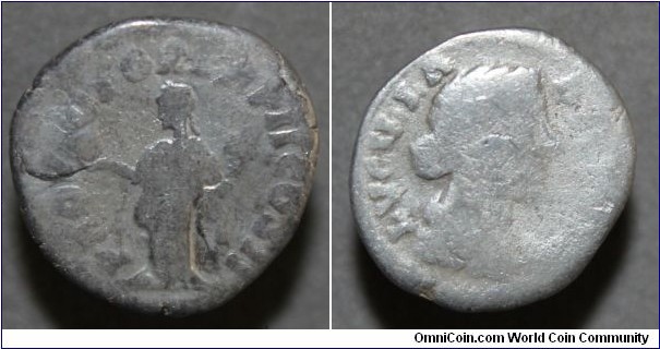 Lucilla Denarius, Commodu' sister, married to Verus. Denarius 
Bare head right, draped, OLVCILLA AVGVSTA.
Pudicitia standing left, veiled and holding hand on breast, PVDICITIA.  3.10g.