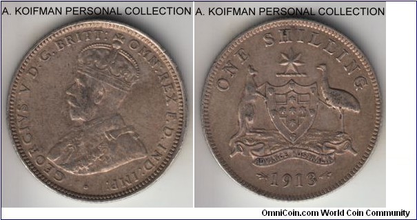 KM-26, 1913 Australia shilling, Royal mint (no mint mark); silver, reeded edge; decent very fine, one of the scarcer early years, light overall toning, clearly uncleaned.