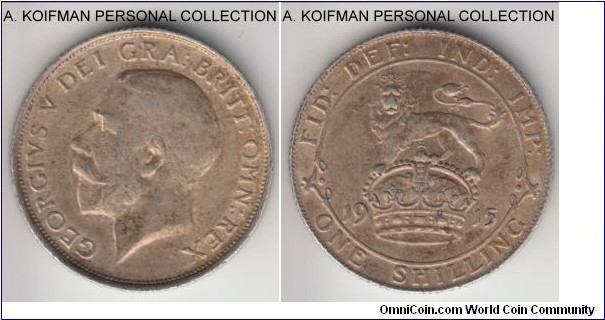 KM-816, 1915 Great Britain shilling; silver, reeded edge;  extra fine, deeper toning.
