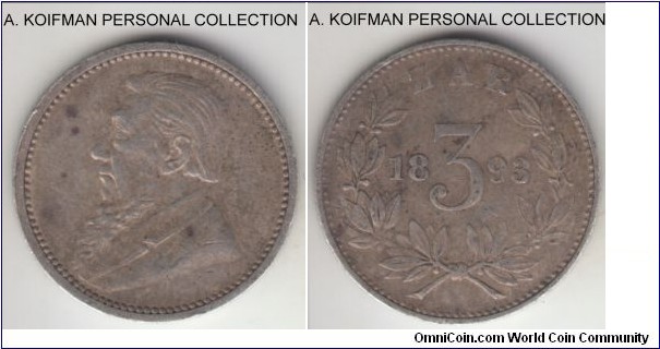 KM-3, 1893 Zuid-Afrikkansche Republiek (ZAR) South Africa 3 pence; silver, plain edge; tiny naturally toned coin, second year of mintage, good extra fine, mintage 135,000.