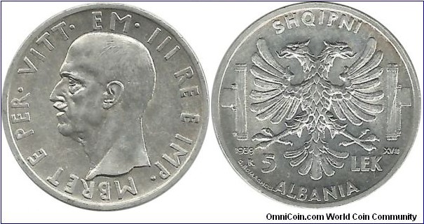 Albania 5 Leke 1939R (unc) (5.00g / .835 Ag) 
