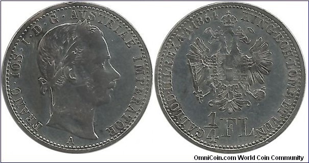 Austrian Empire ¼ Florin 1864A (5.35g / .520 Ag) I clean this coin