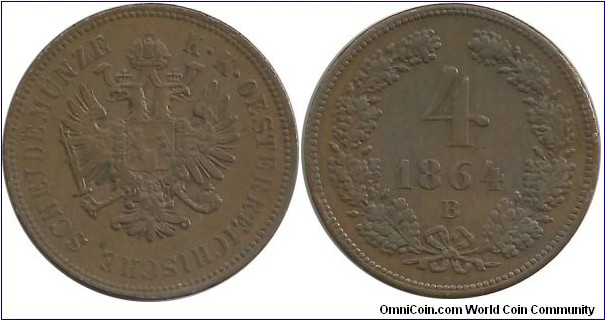 Austrian Empire 4 Kreuzer 1864B - Monetary System: Holy Roman Empire: 1801-1867
8 Heller = 4 Pfennig = 1 Kreuzer
60 Kreuzer = 1 Florin(Gulden)
2 Florin = 1 Species or Convention Thaler
