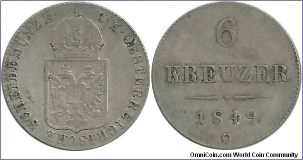 Austria 6 Kreuzer 1849C (1.19g / .438 Ag)