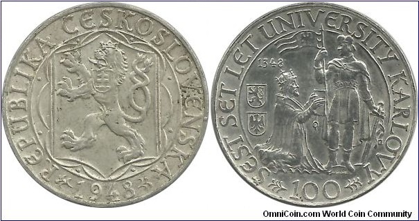 Czechoslovakia 100 Koruna 1948-600th Anniversary of Karlovy University (14.00 g / .500 Ag)