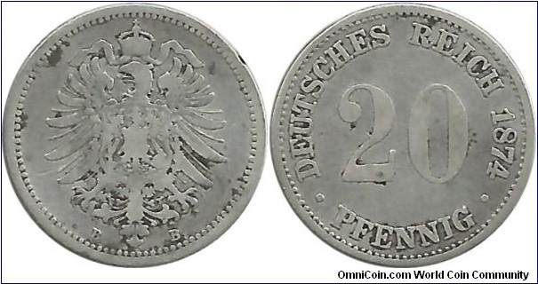 DeutschesReich 20 Pfennig 1874B (1.11g / .900 Ag)