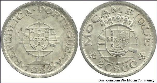 Mocambique-Port 20 Escudos 1952 (10.00g / .720 Ag)