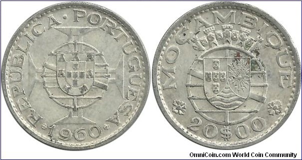 Mocambique-Port 20 Escudos 1960 (10.00g / .720 Ag)