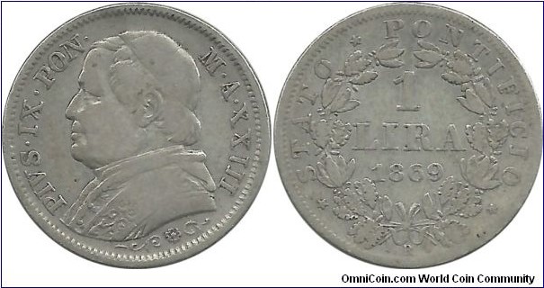 PapalState 1 Lira 1869R XXIII (5.00 
g / .835 Ag)