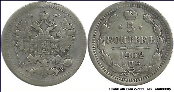 RussianEmpire 5 Kopek 1902 - Tsar Nicholas II (0.90g / .500 Ag)