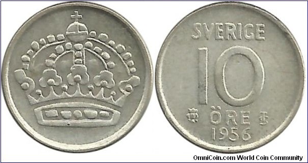 Sweden 10 Öre 1956 (1.44g / .400 Ag)