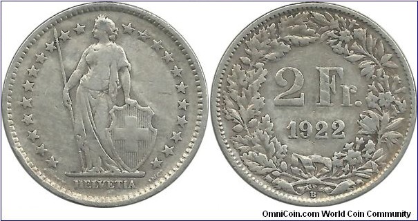 Switzerland 2 Francs 1922B (10.00g / .835 Ag)