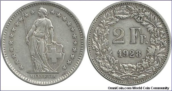 Switzerland 2 Francs 1928B (10.00g / .835 Ag)
