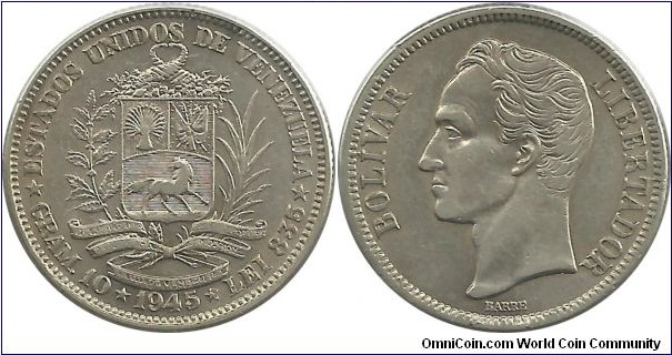 Venezuela-Estados Unidos 2 Bolivares 1945 (10.00g / .835 Ag)