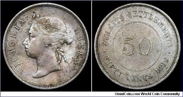 British crown colony, Straits Settlements, Queen Victoria, AR 50 Cents, 1889. 13.42g, 30.89mm. KM# 13. Cleaned, some light scratches. Toned. Key date. 