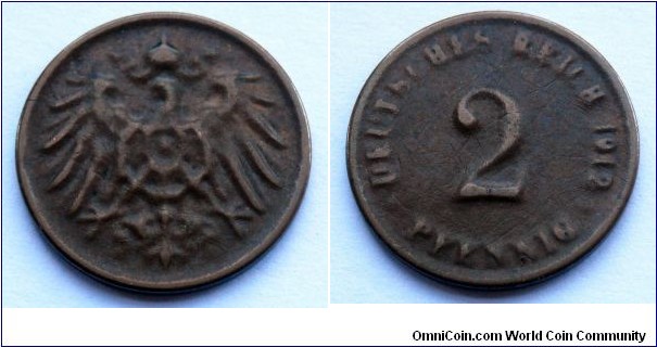 German Empire 2 pfennig. 1912, Mint error. Struck with very weak dies.