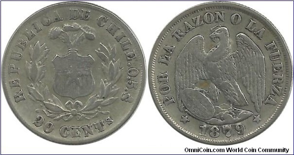 Chile 20 Centavos 1879 (5.00g / .500 Ag)
