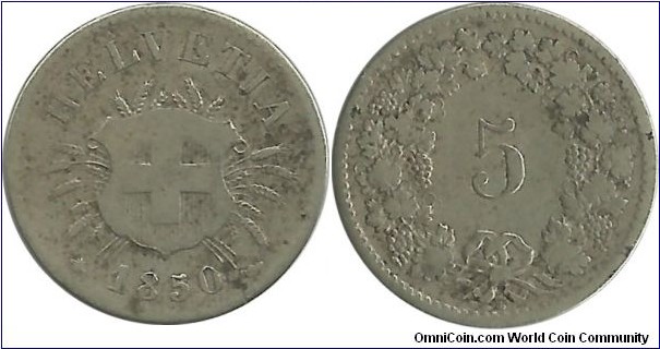 Switzerland 5 Rappen 1850BB (billon)