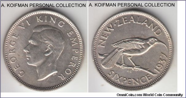 KM-8, 1937 New Zealand 6 pence; silver, reeded edge; George VI first year of reign and type, about uncirculated details, cleaned.
