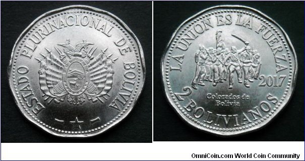 Bolivia 2 bolivianos.
2017, Colorados de Bolivia
(Bolivian Colorados Regiment)