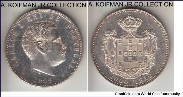 KM-540, 1899 Portugal 1000 reis; silver, reeded edge; Carlos I, one year type, uncirculated for wear, obverse seems to have been lightly wiped.