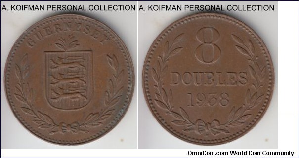 KM-14, 1938 Guernsey 8 doubles, Heaton mint (H mint mark); bronze, plain edge; smallest mintage of the type, brown about uncirculated.