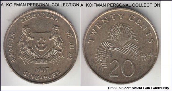 KM-101, 2007 Singapore 20 cents; copper-nickel, reeded edge; about uncirculated.