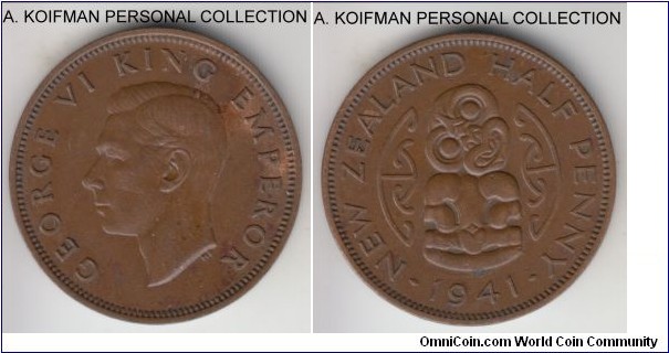 KM-12, 1941 New Zealand half penny; bronze, plain edge; key year of smallest mintage, chocolate brown, a bit dirty almost uncirculated.