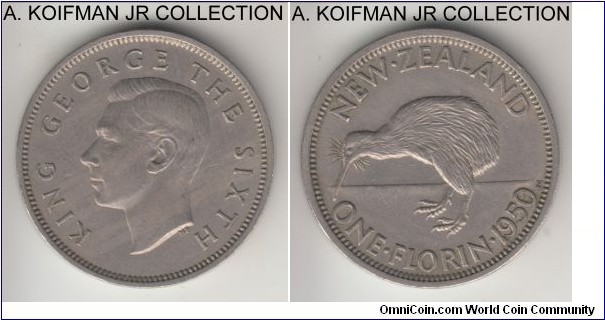 KM-18, 1950 New Zealand florin; copper-nickel, reeded edge; George VI, lightly toned extra fine or so.