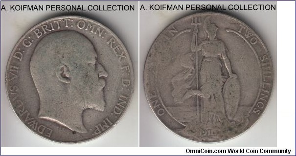 KM-801, 1910 Great Britain florin; silver, reeded edge; last year of Edward VII, scarcer type, well worn condition.