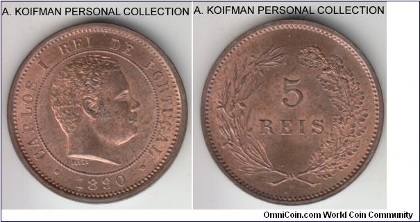 KM-530, 1890 Portugal 5 reis; bronze, plain edge; first year of the type and smallest mintage, red brown uncirculated, pleasant coin.