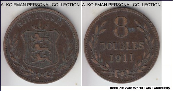 KM-7, 1911 Guernsey 8 doubles, Heaton mint (H mint mark); bronze, plain edge; brown circulated, mintage 78,000.