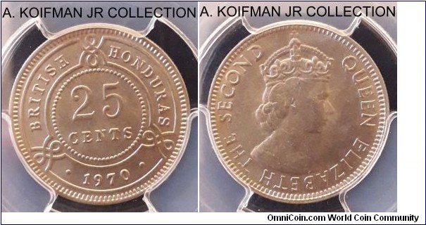 KM-29, 1970 British Honduras 25 cents; copper-nickel, reeded edge; Elizabeth II, Krause does not list mintage, but likely small, PCGS graded MS 66.