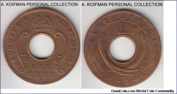 KM-22, 1924 East Africa cent, Heaton mint (H mint mark); bronze, plain edge; good very fine details, cleaned.