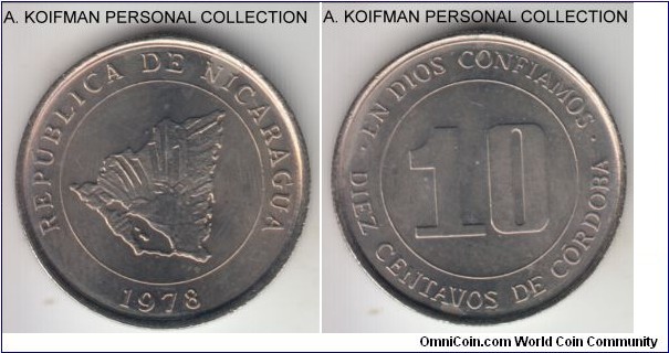 KM-31, 1978 Nicaragua 10 centavos; copper-nickel, reeded edge; lightly toned uncirculated.