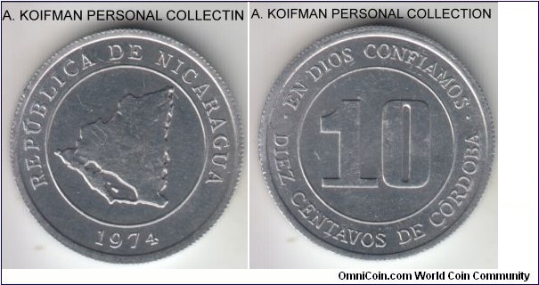 KM-30, 1974 Nicaragua 10 centavos; aluminum, reeded edge; regular issue, bright uncirculated.