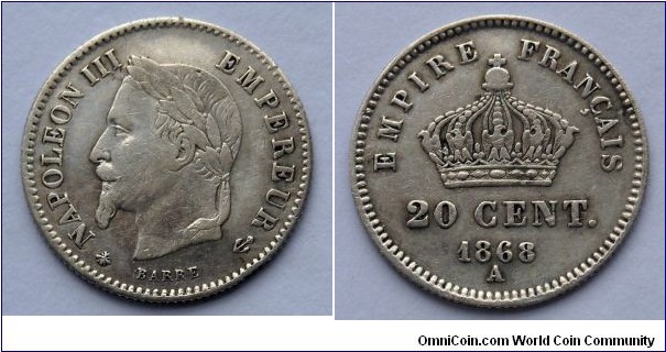 France 20 centimes.
1868, Napoleon III.
Ag 835. A - Paris Mint. Mintage: 352.510 pieces. 