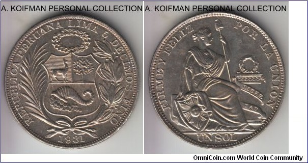 KM-218.2, 1931 Peru sol; silver, reeded edge; average uncirculated coin, second scarcest date with just 24,000 minted.