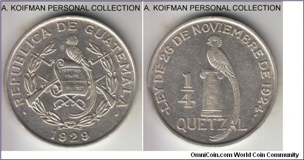 KM-243.1, 1929 Guatemala 1/4 Quetzal; silver, lettered edge; bright white about uncirculated, a rim bump on reverse.